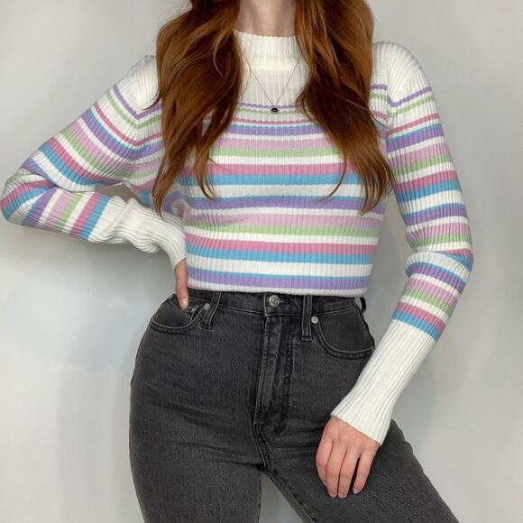 Vintage Company Collection Medium Ivory & Lilac Pastel Stripe Mockneck Sweater - Picture 3 of 11